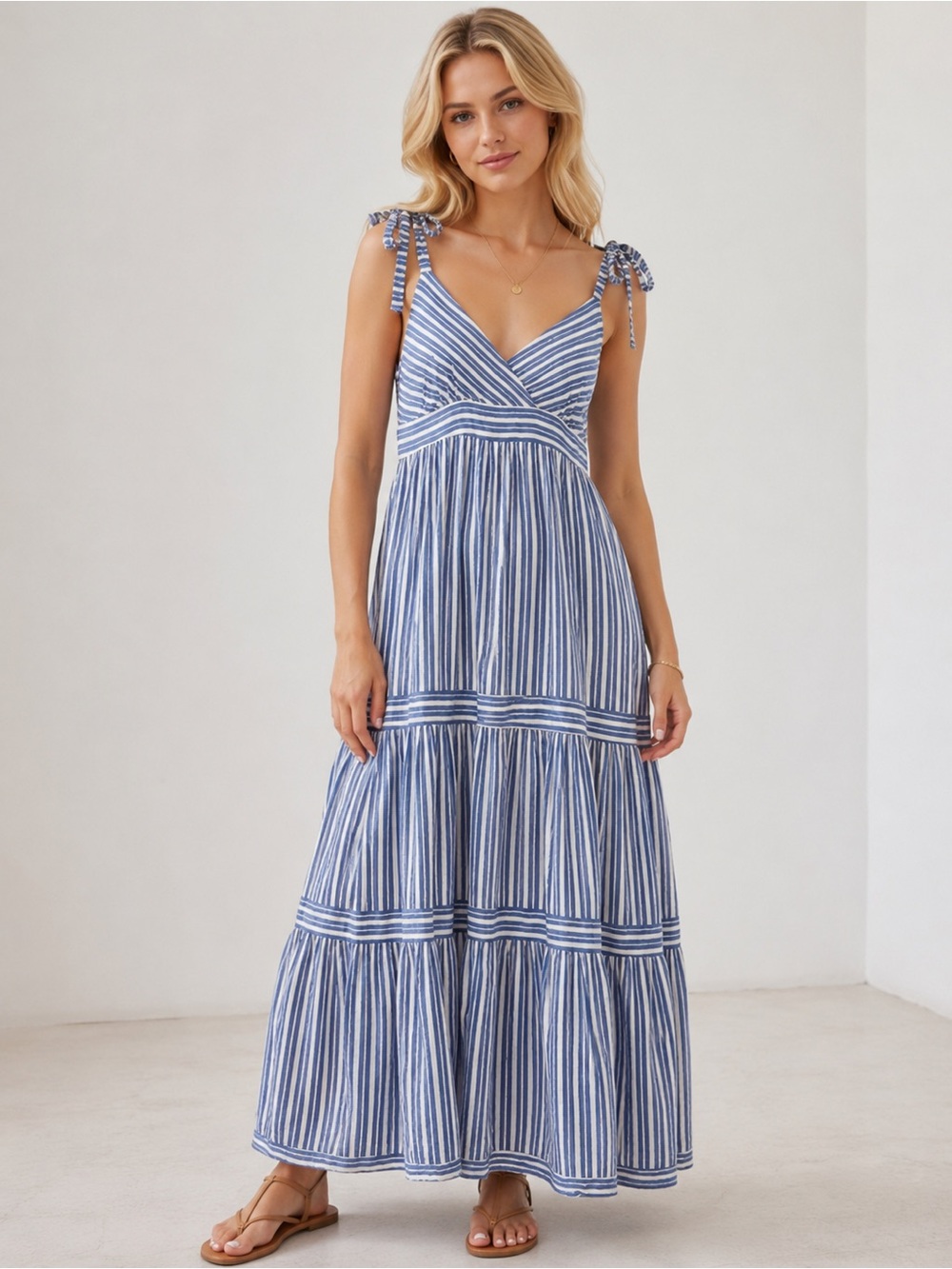 BTFL-Life Blue White Striped Tie-Strap Tiered Maxi Dress Small 25769